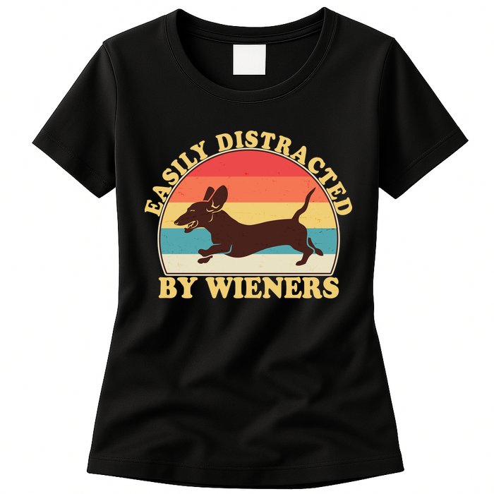 Funny Retro Easily Distracted By Wieners Dachshund fan Womens T-Shirt