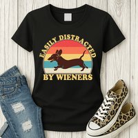 Funny Retro Easily Distracted By Wieners Dachshund fan Womens T-Shirt