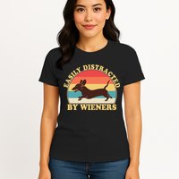 Funny Retro Easily Distracted By Wieners Dachshund fan Womens T-Shirt
