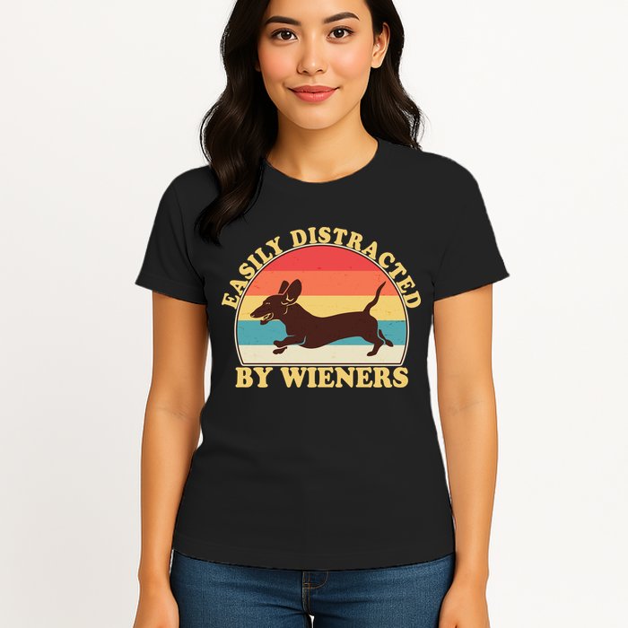 Funny Retro Easily Distracted By Wieners Dachshund fan Womens T-Shirt
