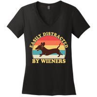 Funny Retro Easily Distracted By Wieners Dachshund fan Women's V-Neck T-Shirt