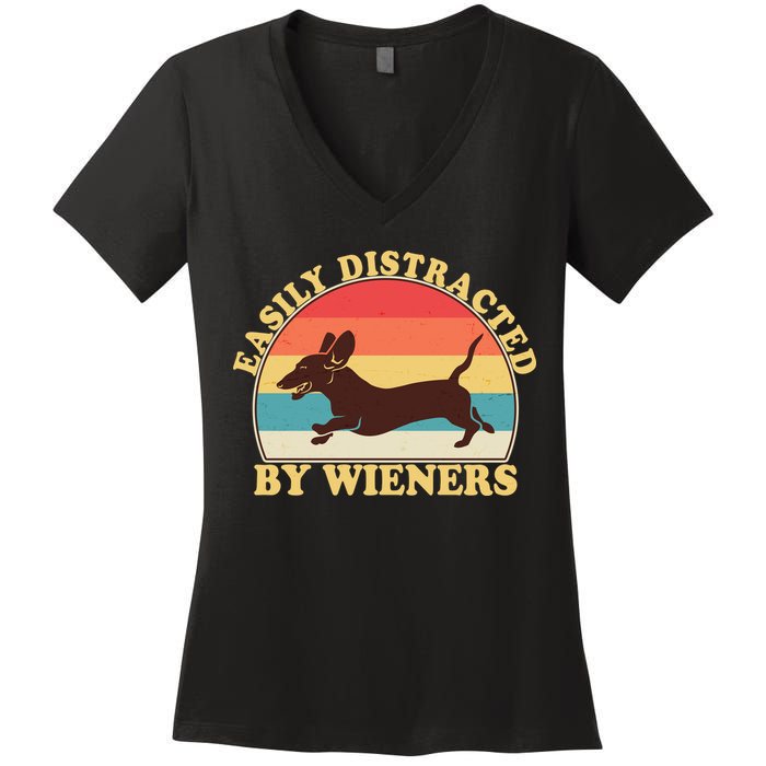 Funny Retro Easily Distracted By Wieners Dachshund fan Women's V-Neck T-Shirt