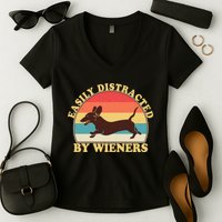 Funny Retro Easily Distracted By Wieners Dachshund fan Women's V-Neck T-Shirt