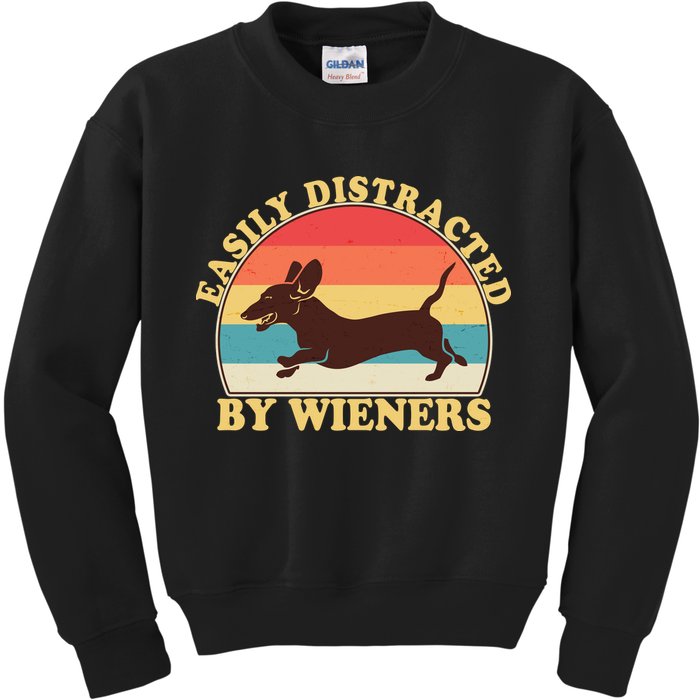 Funny Retro Easily Distracted By Wieners Dachshund fan Kids Sweatshirt