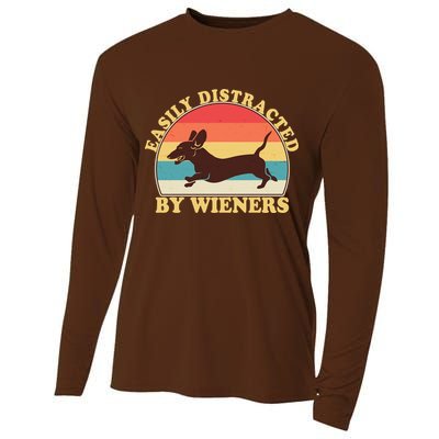 Funny Retro Easily Distracted By Wieners Dachshund fan Cooling Performance Long Sleeve Crew
