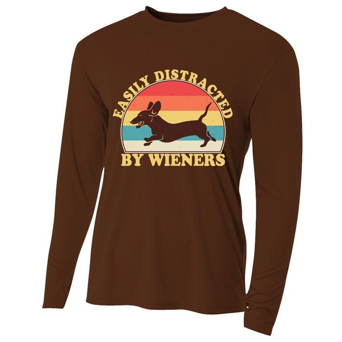 Funny Retro Easily Distracted By Wieners Dachshund fan Cooling Performance Long Sleeve Crew
