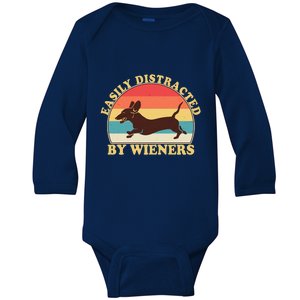 Funny Retro Easily Distracted By Wieners Dachshund fan Baby Long Sleeve Bodysuit