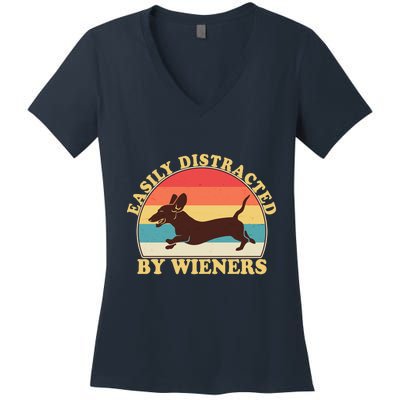 Funny Retro Easily Distracted By Wieners Dachshund fan Women's V-Neck T-Shirt