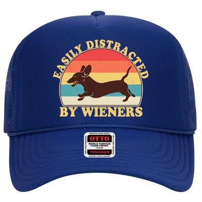 Funny Retro Easily Distracted By Wieners Dachshund fan High Crown Mesh Back Trucker Hat