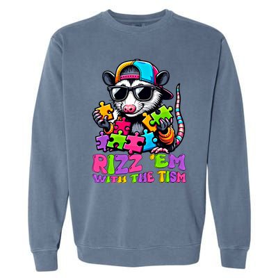 Funny Rizz Em With The Tism Groovy Opossum Meme Autism Gift Garment-Dyed Sweatshirt