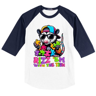 Funny Rizz Em With The Tism Groovy Opossum Meme Autism Gift Baseball Sleeve Shirt