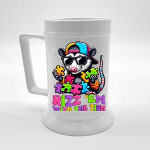 Funny Rizz Em With The Tism Groovy Opossum Meme Autism Gift Beer Stein