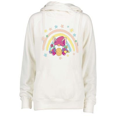 Floral Rainbow Easter Bunny Spring Gnome Egg Hunting Basket Womens Funnel Neck Pullover Hood