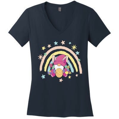 Floral Rainbow Easter Bunny Spring Gnome Egg Hunting Basket Women's V-Neck T-Shirt