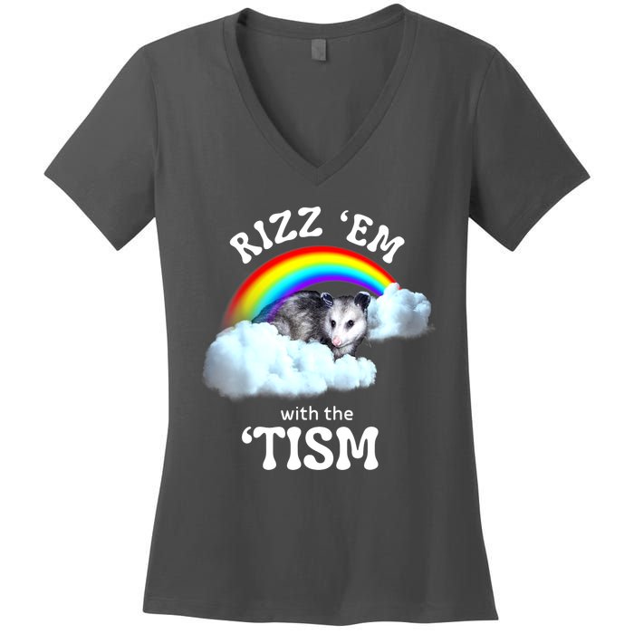 Funny Rizz Em With The Tism Meme Autistic Opossum Autism Awareness Gift Women's V-Neck T-Shirt