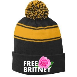 Free Britney Pink Rose Flower Stripe Pom Pom Beanie