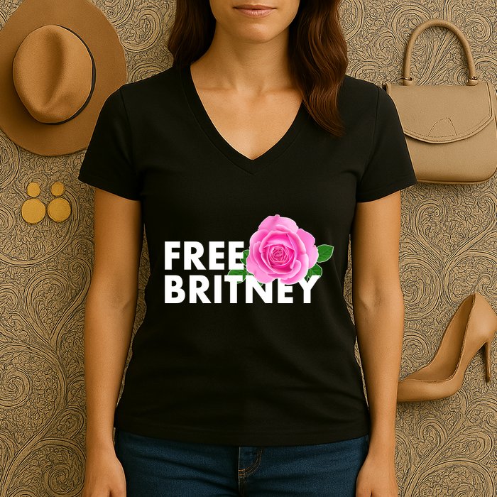 Free Britney Pink Rose Flower Women's V-Neck T-Shirt