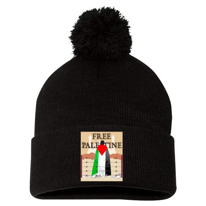 Free Palestine Pom Pom 12in Knit Beanie