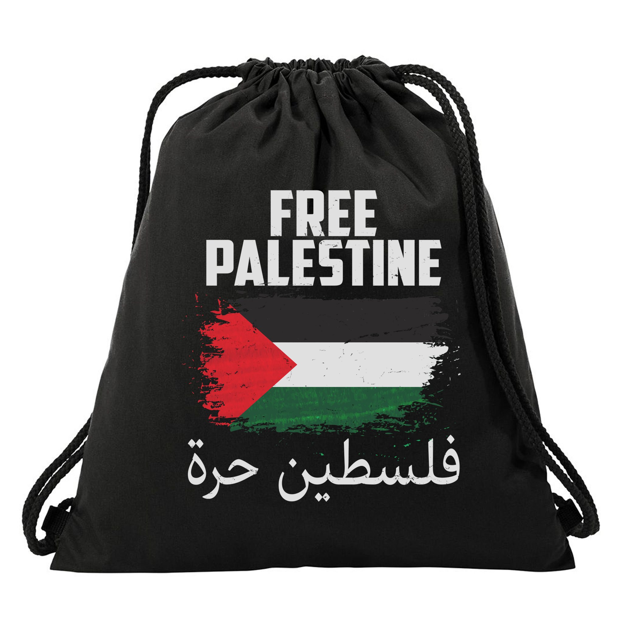 Free Palestine Arabic Distressed Painted Flag Drawstring Bag