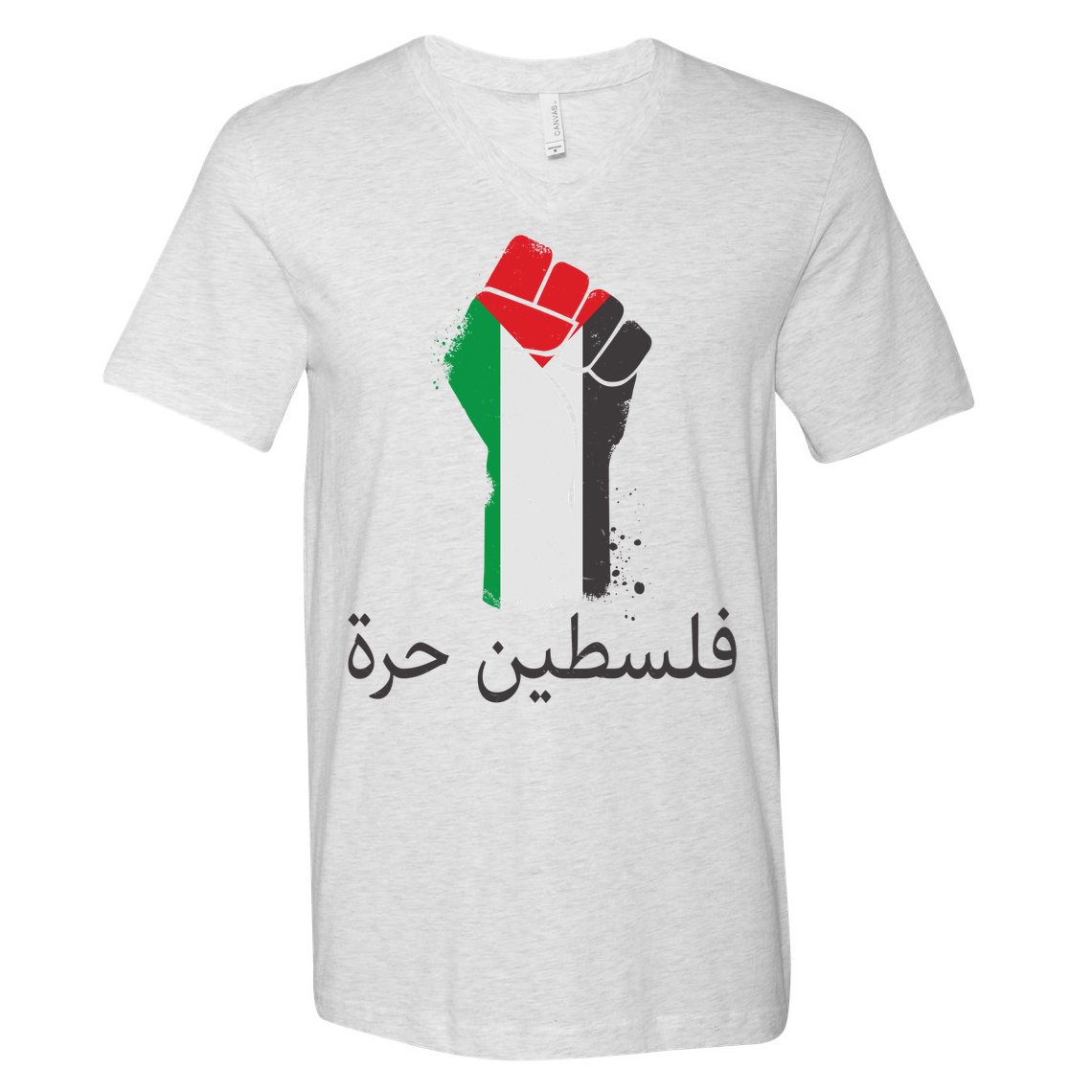 Free Palestine Arabic Protest Fist Flag Colors V-Neck T-Shirt