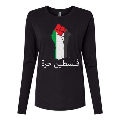 Free Palestine Arabic Protest Fist Flag Colors Womens Cotton Relaxed Long Sleeve T-Shirt