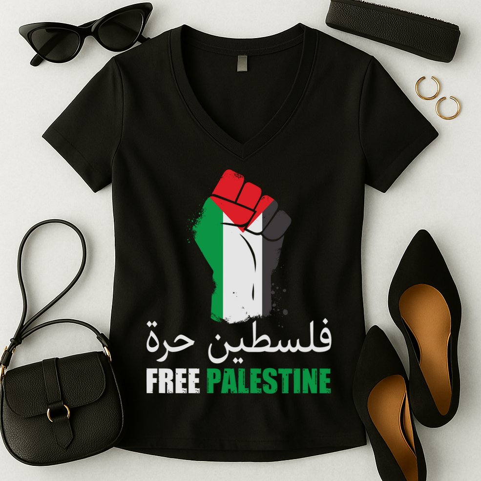 Free Palestine Arabic Support Palestine Gaza Jerusalem Women's V-Neck T-Shirt