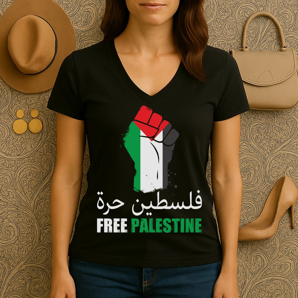 Free Palestine Arabic Support Palestine Gaza Jerusalem Women's V-Neck T-Shirt
