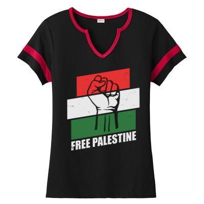 Free Palestine Flag Colors Blocks Protest Fist  Ladies Halftime Notch Neck Tee