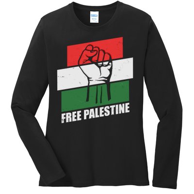 Free Palestine Flag Colors Blocks Protest Fist  Ladies Long Sleeve Shirt