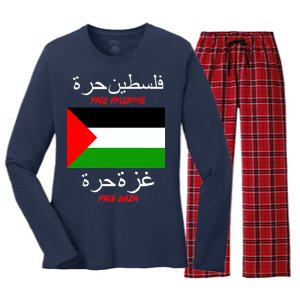 Free Palestine Gaza Arabic Writing Flag Women's Long Sleeve Flannel Pajama Set 