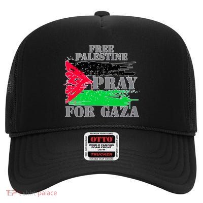 Free Palestine Pray For Gaza Palestinian Flag High Crown Mesh Back Trucker Hat