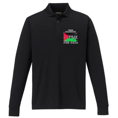 Free Palestine Pray For Gaza Palestinian Flag Performance Long Sleeve Polo