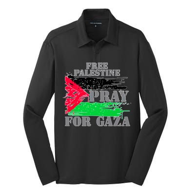 Free Palestine Pray For Gaza Palestinian Flag Silk Touch Performance Long Sleeve Polo