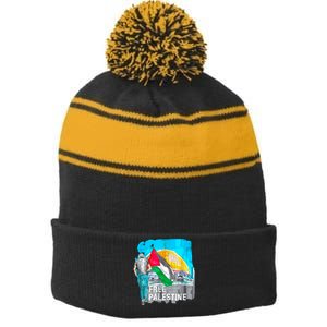 Free Palestine Save Gaza Ilustraion Stripe Pom Pom Beanie