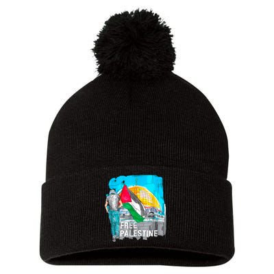 Free Palestine Save Gaza Ilustraion Pom Pom 12in Knit Beanie