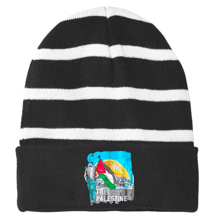 Free Palestine Save Gaza Ilustraion Striped Beanie with Solid Band