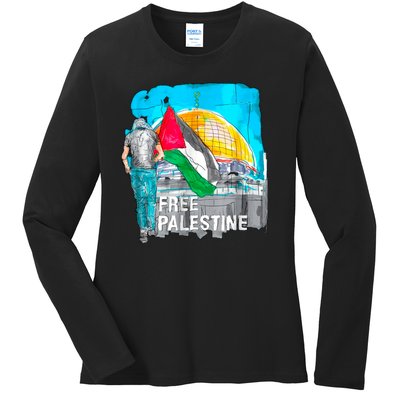 Free Palestine Save Gaza Ilustraion Ladies Long Sleeve Shirt