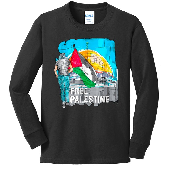 Free Palestine Save Gaza Ilustraion Kids Long Sleeve Shirt