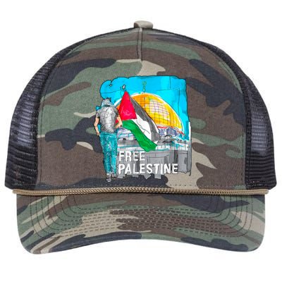 Free Palestine Save Gaza Ilustraion Retro Rope Trucker Hat Cap