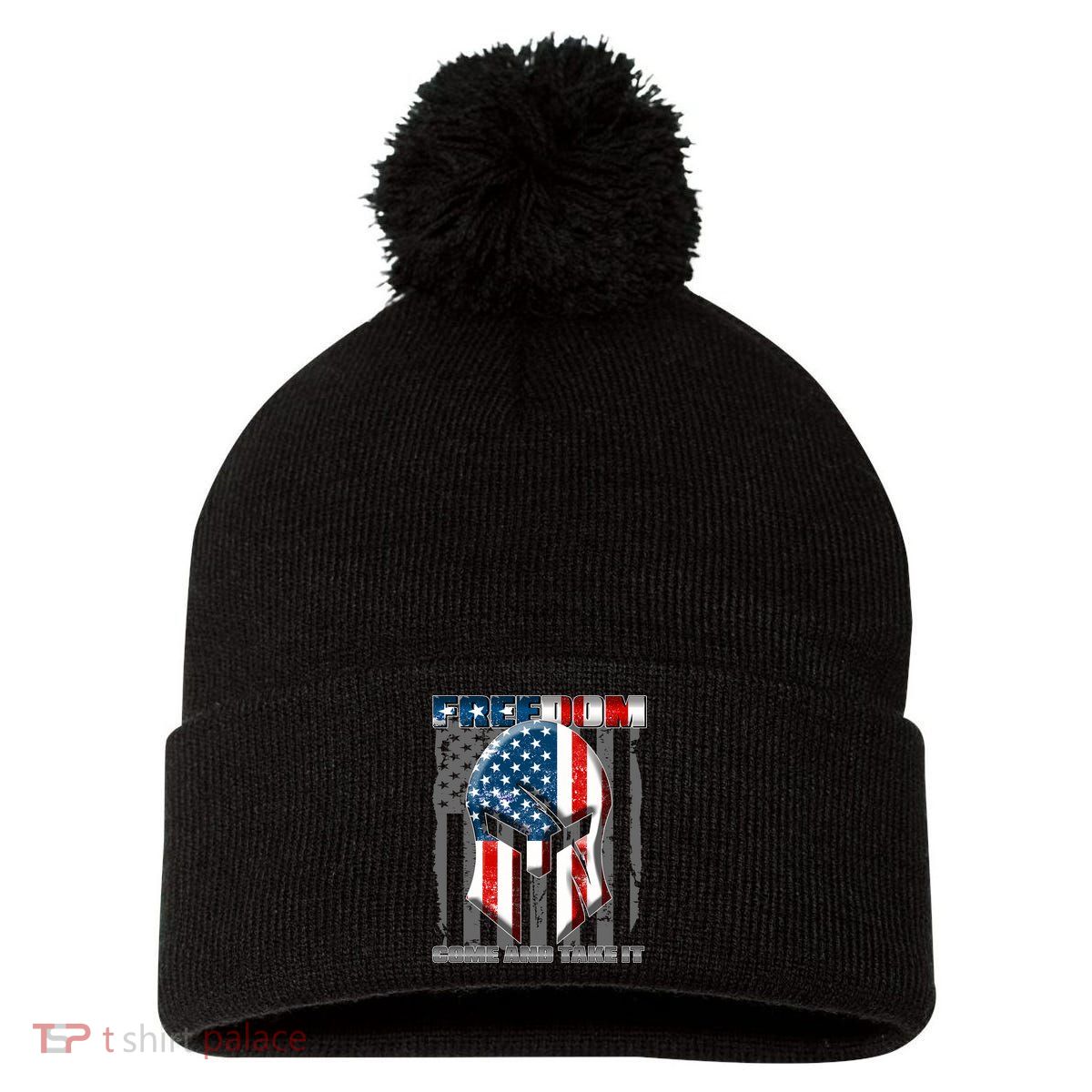 Freedom Come And Take It Gladiator US Flag Pom Pom 12in Knit Beanie