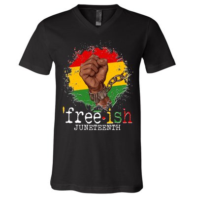 Freeish Juneteenth June 19 Fist Breaking Chains V-Neck T-Shirt