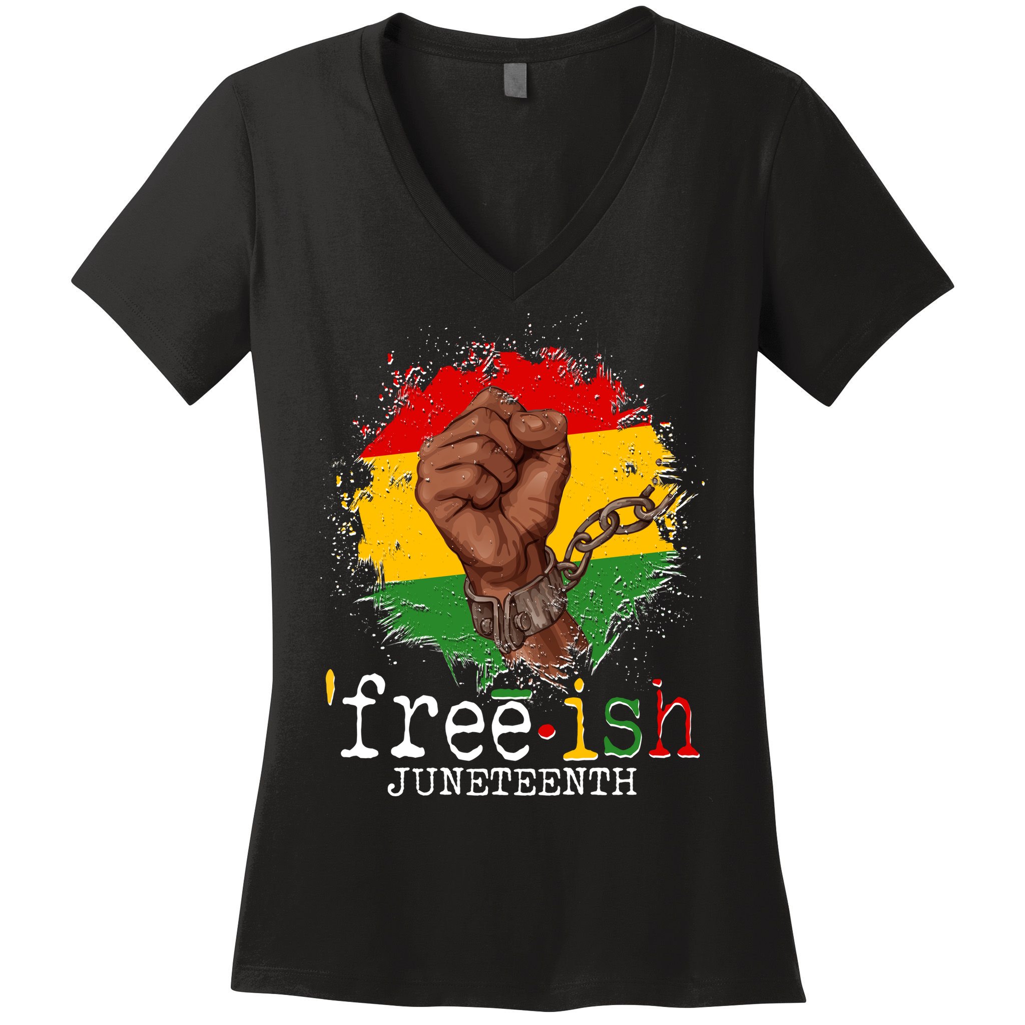 Freeish Juneteenth June 19 Fist Breaking Chains Women's V-Neck T-Shirt