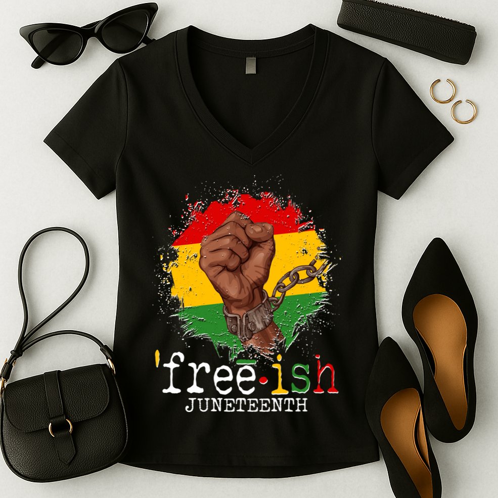 Freeish Juneteenth June 19 Fist Breaking Chains Women's V-Neck T-Shirt