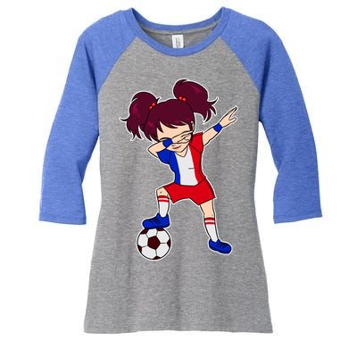 French Dabbing Soccer Girl France Women's Tri-Blend 3/4-Sleeve Raglan Shirt