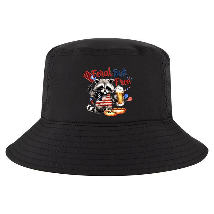 Funny Raccoon Feral But Free 4th Of July American Flag Cool Comfort Performance Bucket Hat