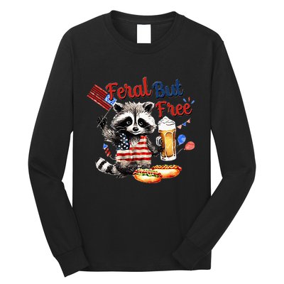 Funny Raccoon Feral But Free 4th Of July American Flag Long Sleeve Shirt