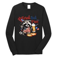 Funny Raccoon Feral But Free 4th Of July American Flag Long Sleeve Shirt
