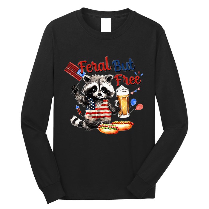 Funny Raccoon Feral But Free 4th Of July American Flag Long Sleeve Shirt