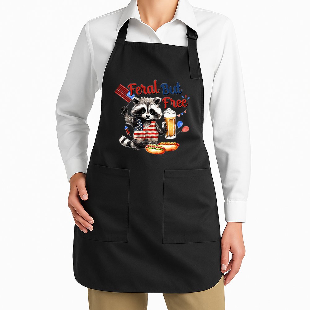 Funny Raccoon Feral But Free 4th Of July American Flag Apron