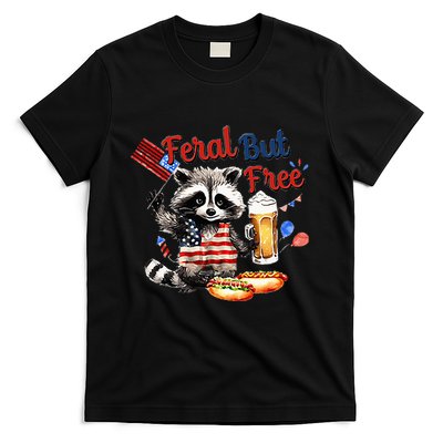 Funny Raccoon Feral But Free 4th Of July American Flag T-Shirt